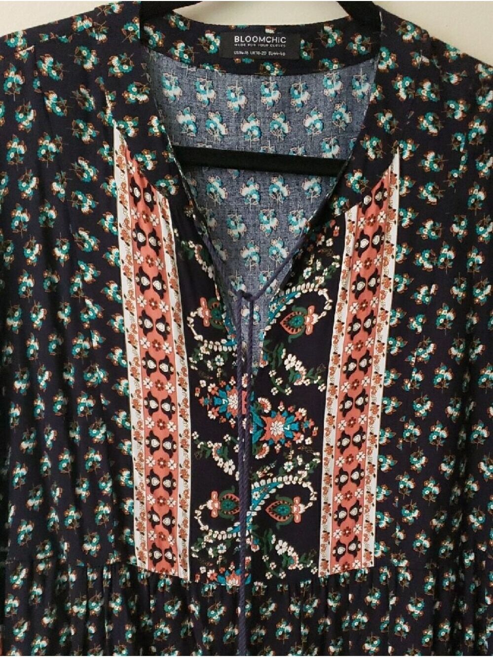 BloomChic Navy Floral Boho Mini Dress with Teal & Coral Accents - Picture 3 of 10